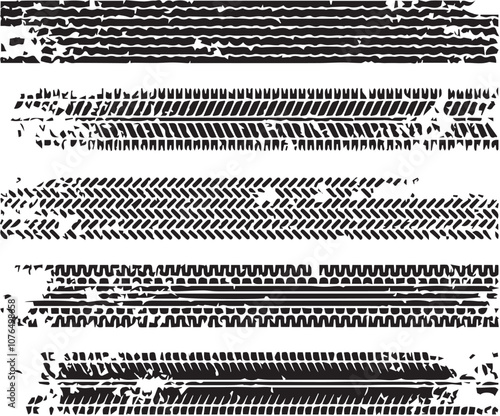 Grunge tire tracks, wheel braking marks. Truck, car or motorcycle tread pattern silhouettes. Auto race, motorsport, speed racing design element. Vector illustration