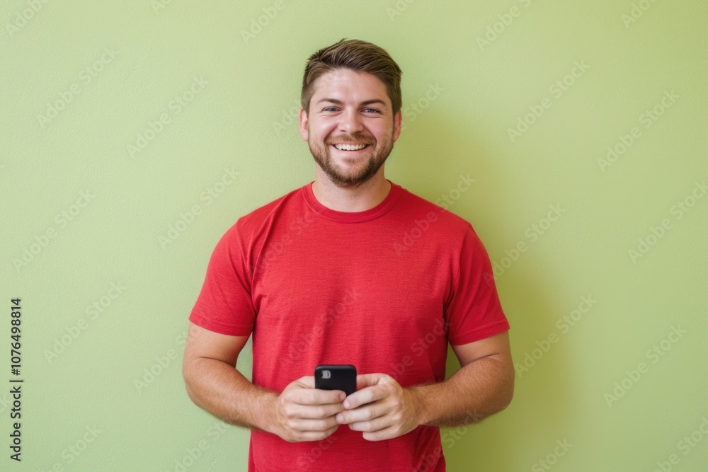 A person wearing a bright red shirt holds a cell phone, possibly waiting for or checking messages A person wearing a bright red shirt holds a cell phone, possibly waiting for or checking messages