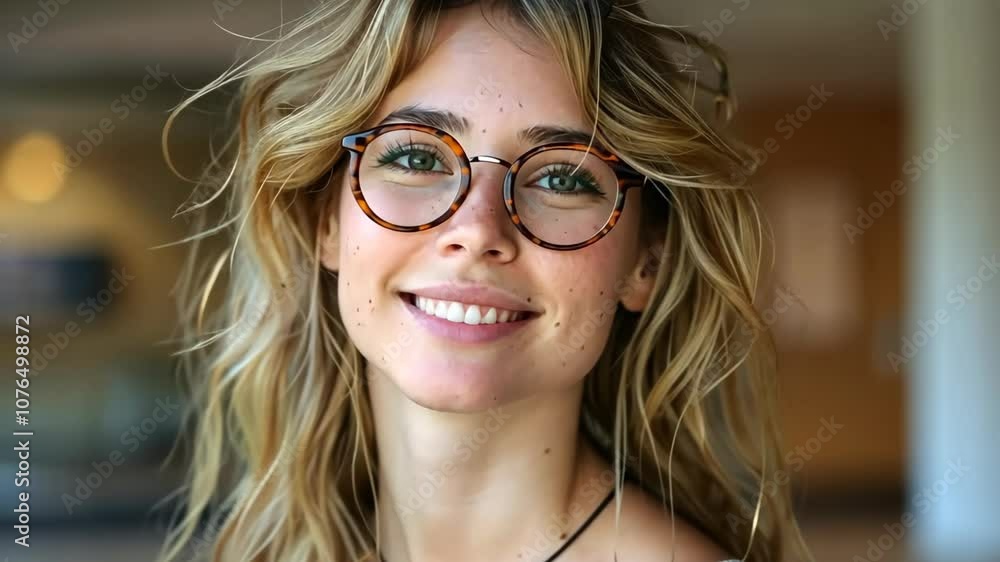 smiling glasses girl with bed hair at morning cozy home smiling glasses girl with bed hair at morning cozy home