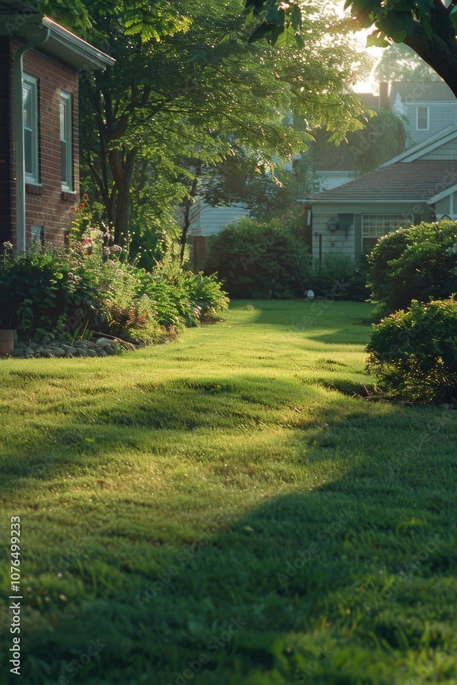 Fototapeta premium A suburban house with a well-manicured lawn and possibly a garden