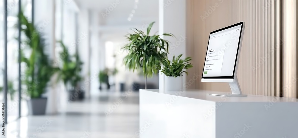 Modern office reception desk with computer and plants. Modern office reception desk with computer and plants.