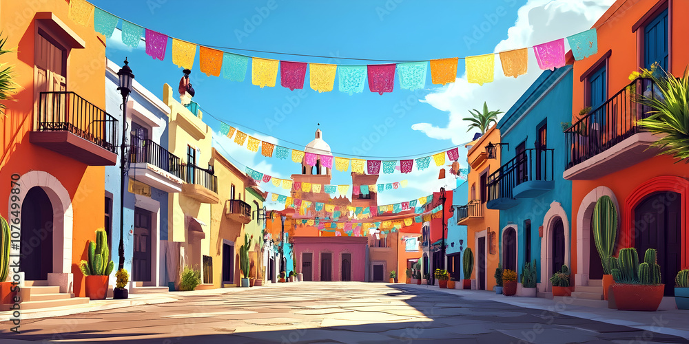 Cinco de Mayo celebration in lively town square with colorful banners Cinco de Mayo celebration in lively town square with colorful banners