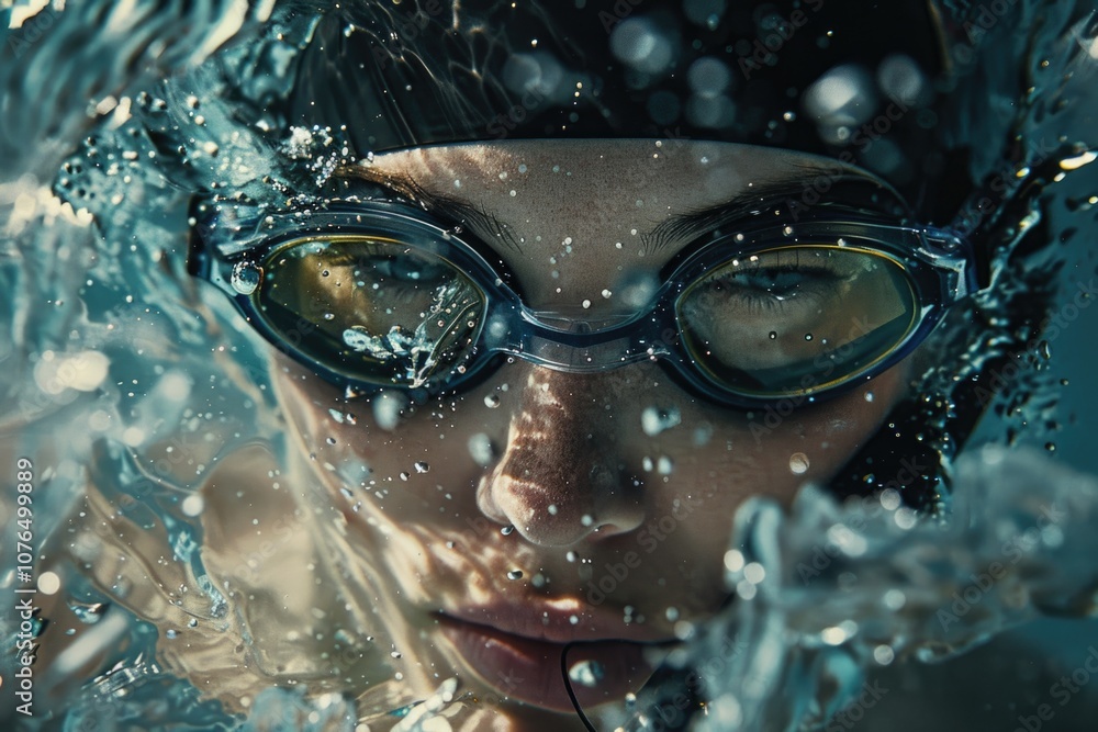 A woman wearing goggles swims in the water, great for sport or lifestyle images A woman wearing goggles swims in the water, great for sport or lifestyle images
