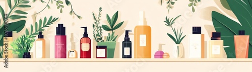 Zerowaste beauty counter, refillable skincare bottles, sustainable choices, flat design illustration