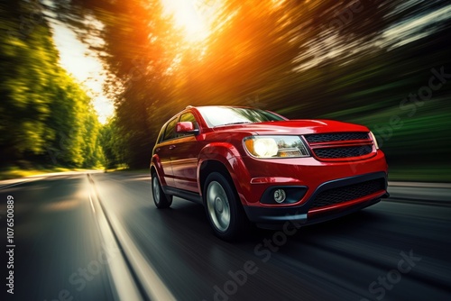 Red suv car vehicle motion speed.