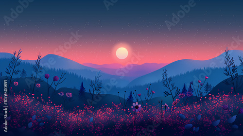 Serene Mountain Landscape With Vivid Sunset and Colorful Foliage