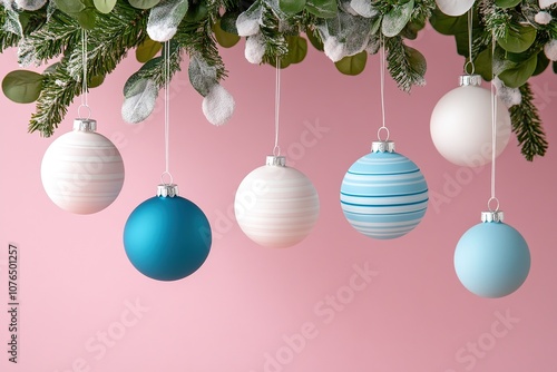 Festive holiday ornaments hanging from green foliage against a soft pink background for a cheerful seasonal atmosphere. photo