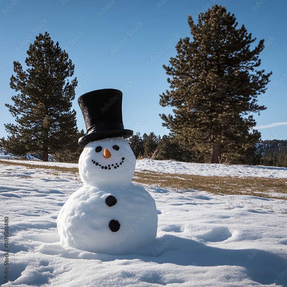 Obraz premium a snowman with a top hat, on a snowy hill with pine trees.
