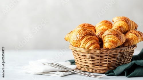 Fresh Croissants in a Basket at a Bakery