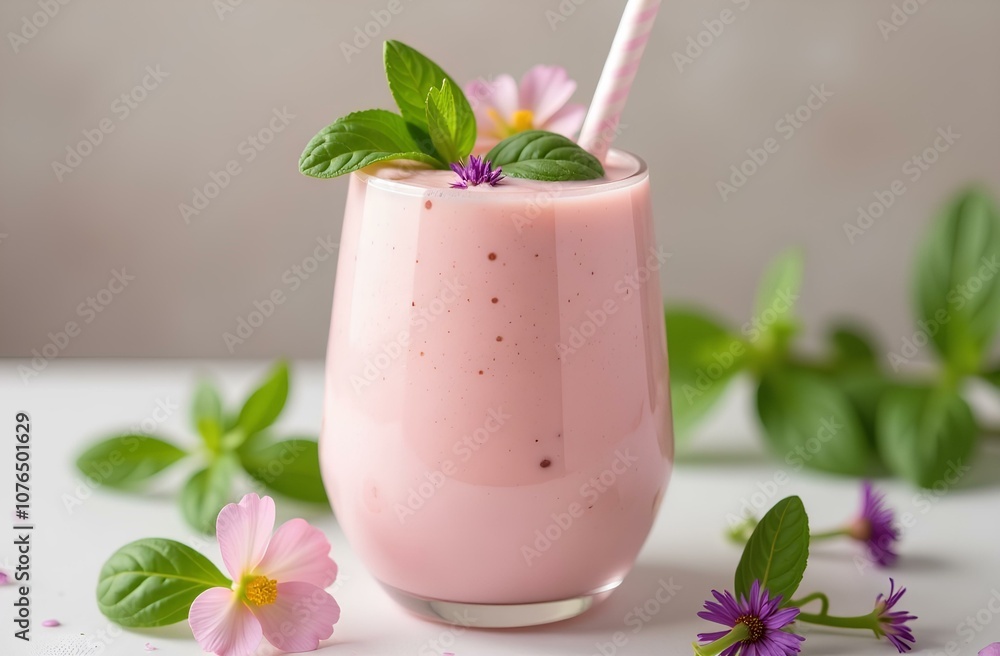 Pink smoothie with basil leaves and flowers in a glass with a straw. Studio food photography for design and print Pink smoothie with basil leaves and flowers in a glass with a straw. Studio food photography for design and print
