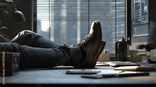 An office worker taking a moment to relax and recharge during a Labor Day break in a clean and modern professional setting with a calm serene atmosphere The worker is sitting comfortably in a chair