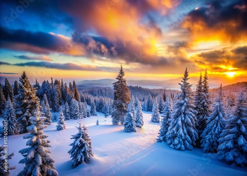 Majestic Twilight Sky Over a Snow-Covered Forest Landscape in Winter with a Tilt-Shift Effect, Capturing the Beauty of Nature's Colors and Textures in a Dreamlike Scene