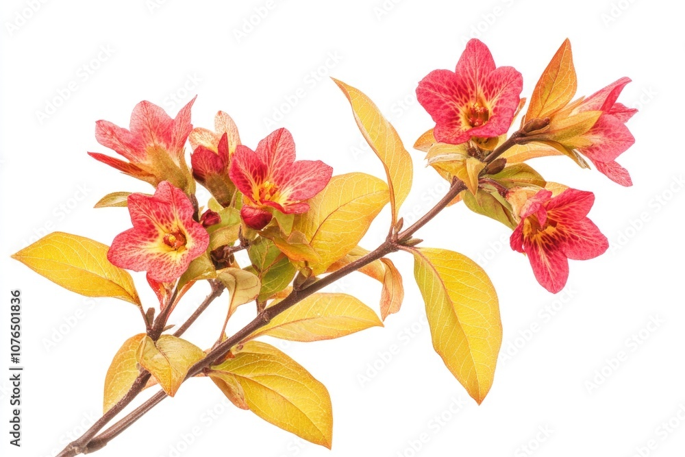 A detailed view of a branch with blooming flowers, perfect for using as a small decorative element or in botanical contexts A detailed view of a branch with blooming flowers, perfect for using as a small decorative element or in botanical contexts
