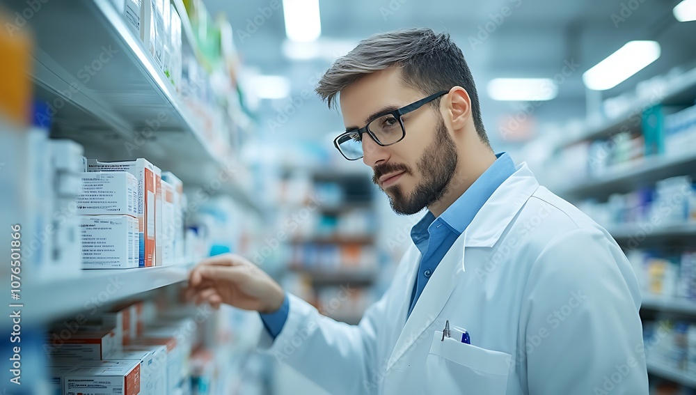 Pharmacist in a white coat looking at a shelf of medicine in a pharmacy. Pharmacist in a white coat looking at a shelf of medicine in a pharmacy.
