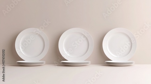 set of three plates of different sizes lined up on a light background, minimalist and clean