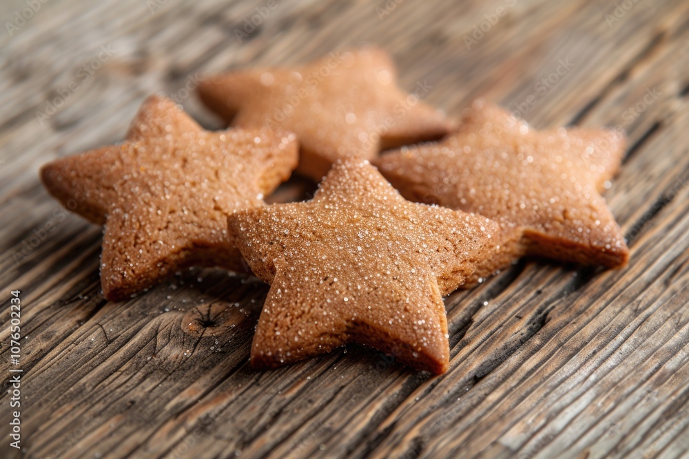 A plate of star-shaped cookies sits on a wooden table, ready to be devoured A plate of star-shaped cookies sits on a wooden table, ready to be devoured
