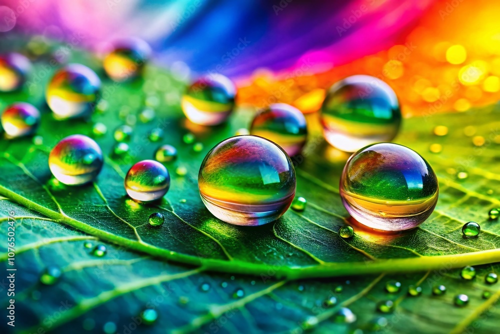 Naklejka premium Mesmerizing Close-Up of Water Droplets on a Leaf Reflecting Nature's Beauty in a Vibrant, Colorful Environment Capturing the Essence of Freshness and Serenity