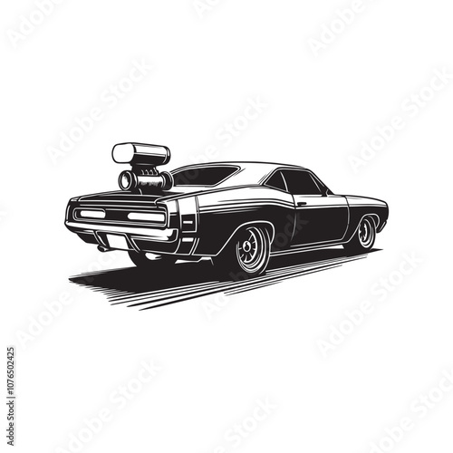 American 70s customized muscle car  line art silhouette vector  on a white background