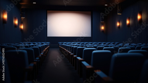 Empty movie theater with rows of blue seats, dim lighting, and a blank screen at the front. Wall lights create a warm ambiance in the dark, inviting interior setting.