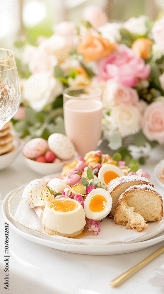 A serene brunch table with desserts, soft-boiled eggs, and a floral centerpiece beautifully arranged A serene brunch table with desserts, soft-boiled eggs, and a floral centerpiece beautifully arranged
