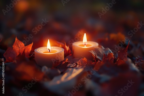 Two candles placed on top of a pile of fallen leaves, creating a warm and cozy atmosphere