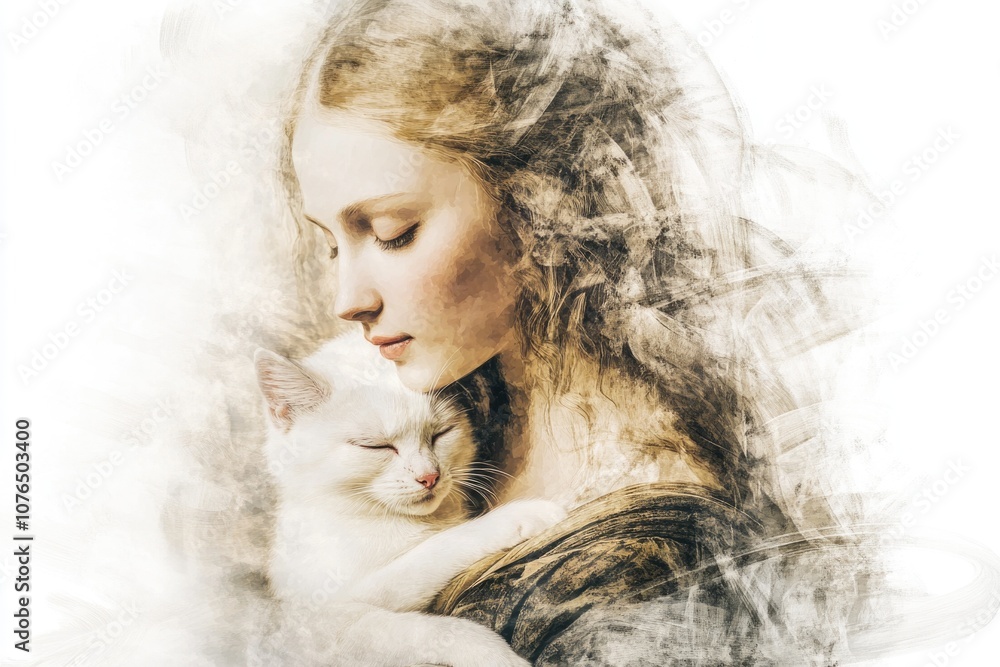 A woman cradles a white cat in her arms, a heartwarming moment of affection A woman cradles a white cat in her arms, a heartwarming moment of affection