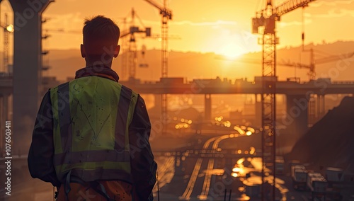 Flat shot of a construction site in the background of a highway bridge under construction