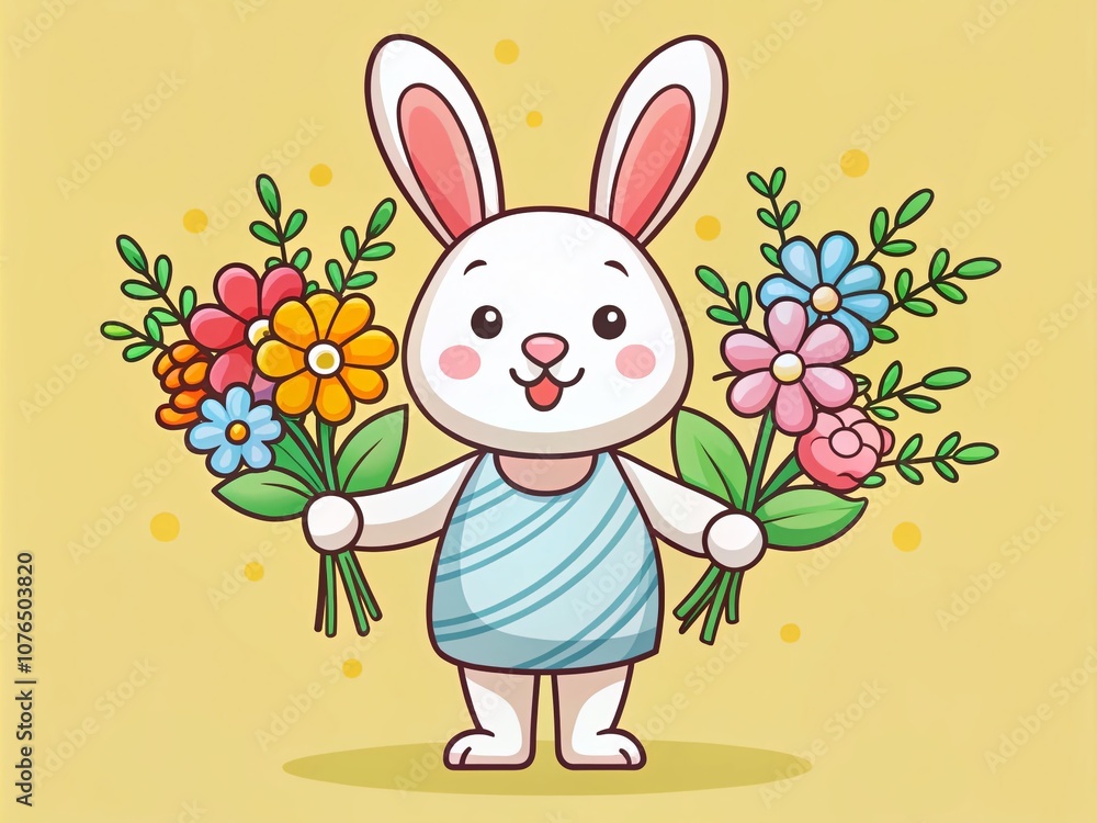 Fototapeta premium Minimalist Cartoon Rabbit Holding a Bouquet of Flowers for a Happy Birthday Greeting Card in a Whimsical Style
