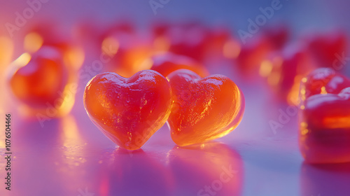 Sweet heart shaped gummies in vibrant colors create joyful atmosphere. These delightful candies symbolize love and affection, perfect for sharing with loved ones