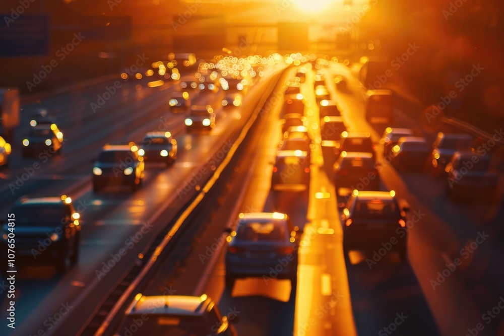 A busy highway during sunset hours, with vehicles moving slowly A busy highway during sunset hours, with vehicles moving slowly