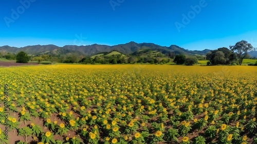 A Field of Yellow Sunflowers Under a Blue Sky with Mountains in the Background