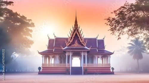 A Traditional Thai Temple Surrounded by Fog at Sunrise