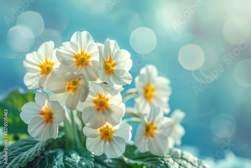 A bouquet of white flowers sits atop a lush green leaf, perfect for decorative use or as a symbol in editorial content