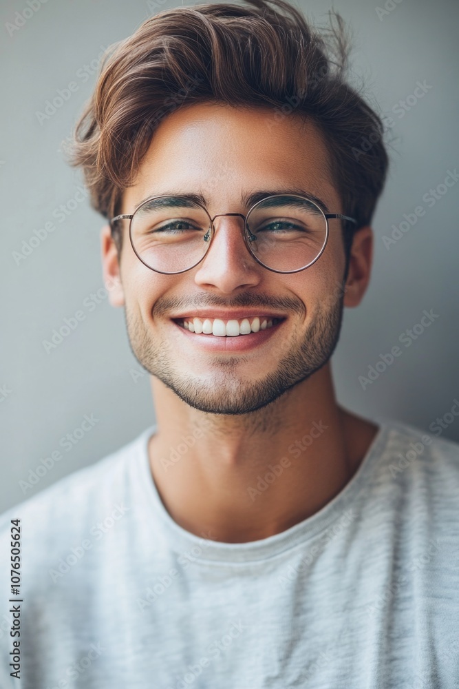 A person smiling and wearing glasses, suitable for illustrations or portraits A person smiling and wearing glasses, suitable for illustrations or portraits