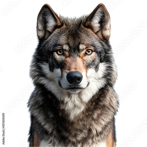 A Close-up of a Grey Wolf with Intense Eyes Stares Directly at the Camera on an Isolated Background.