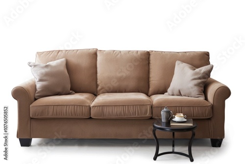 A simple living room setting with a brown couch, pillows, and a small table