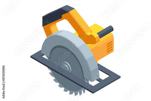 Isometric Yellow Power Tools Circular Saw isolated on a white background. Electric hand tool for cutting wood or metal. Building equipment