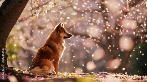 A dog sitting under a blossoming cherry tree with petals falling around