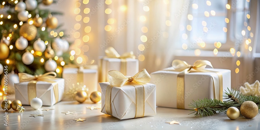 Minimalist Scene of White and Gold Christmas Presents in a Cozy Living Room with Soft Bokeh Lights and a Blurred Window, Perfect for Holiday Decor Inspiration Minimalist Scene of White and Gold Christmas Presents in a Cozy Living Room with Soft Bokeh Lights and a Blurred Window, Perfect for Holiday Decor Inspiration