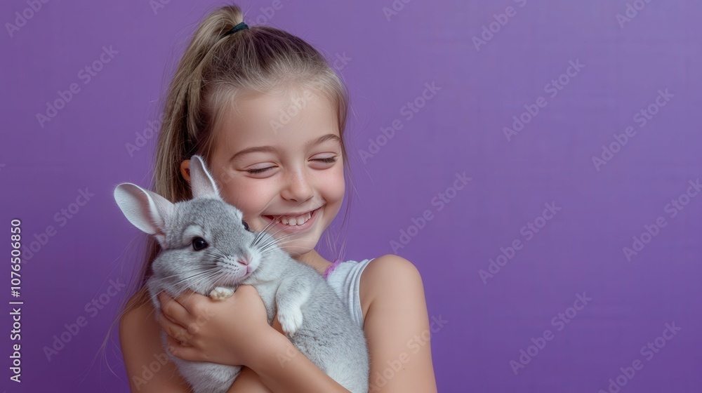 chinchilla held by girl in purple background studio, chinchilla held by girl in purple background studio,