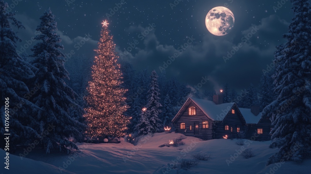 Christmas tree illuminated outside a cozy cabin on a winter evening Christmas tree illuminated outside a cozy cabin on a winter evening