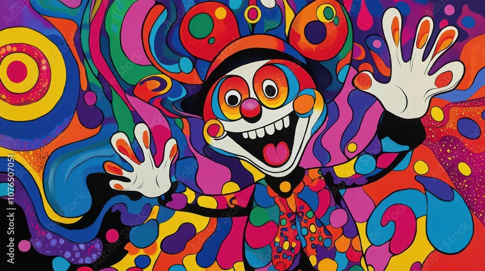 Fototapeta premium A vibrant clown illustration with colorful patterns, exuding joy and liveliness, perfect for festive and playful themes.