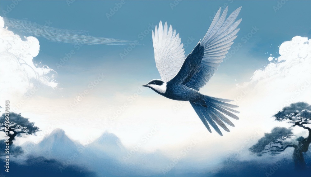 A bird flying freely in the clear sky, oriental painting A bird flying freely in the clear sky, oriental painting