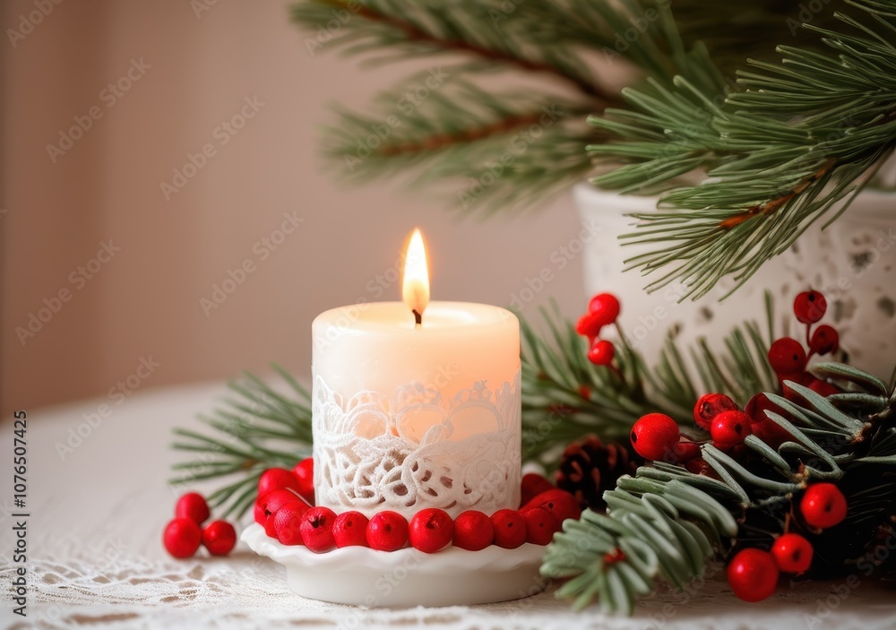 Cozy holiday style, candle in white lace candlestick, festive pine branches, red berries, warm light Cozy holiday style, candle in white lace candlestick, festive pine branches, red berries, warm light