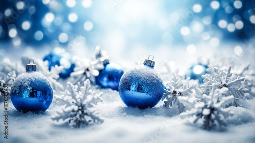 Blue christmas balls at blurred background.