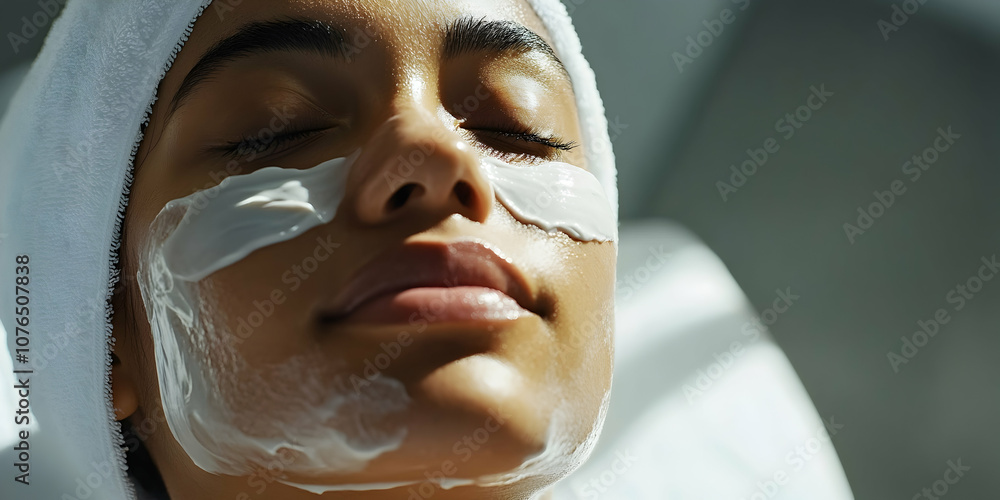 Face in skincare treatment, with cream applied for relaxation and rejuvenation Face in skincare treatment, with cream applied for relaxation and rejuvenation