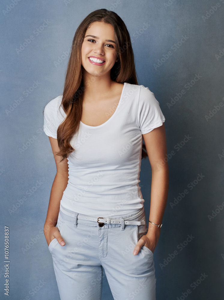 Studio, woman and satisfied in portrait for fashion, casual clothes and comfortable with confidence. Cotton material, female person and model with smile for style, outfit and happy by gray background Studio, woman and satisfied in portrait for fashion, casual clothes and comfortable with confidence. Cotton material, female person and model with smile for style, outfit and happy by gray background