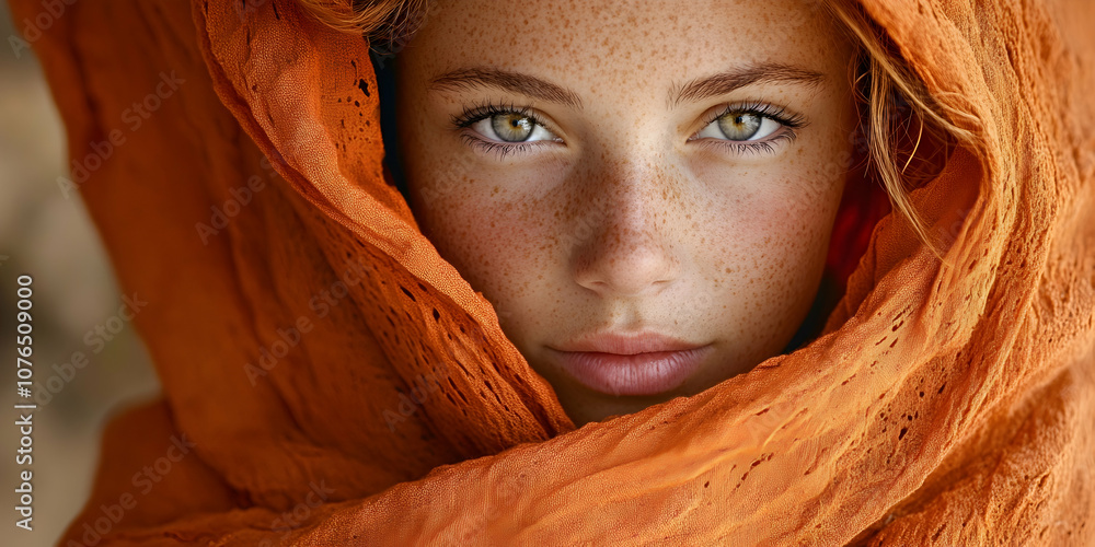 Freckled woman in orange shawl with serene expression, exuding warmth and mystery. 4k image Freckled woman in orange shawl with serene expression, exuding warmth and mystery. 4k image