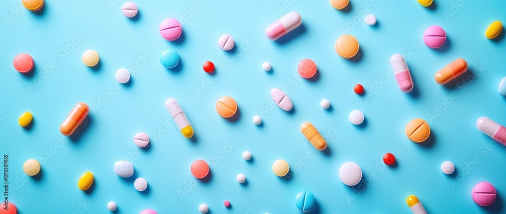Colorful Pills on Blue Background Colorful Pills on Blue Background