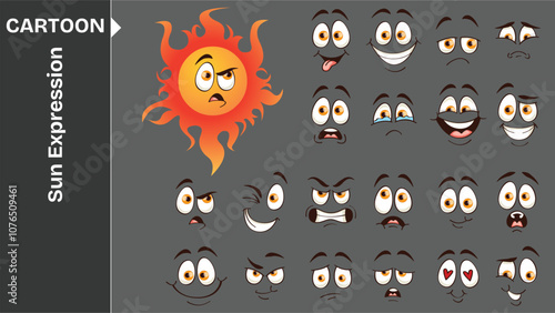 2D vector set of sun emoticons with funny facial expressions. Features cute cartoon sun with expressive eyes and mouths, capturing a range of emotions.